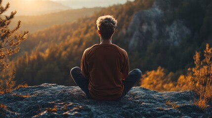 Man Meditating on Mountain Top at Sunrise.