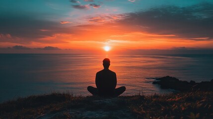 Silhouette of a person meditating at sunset over the ocean.