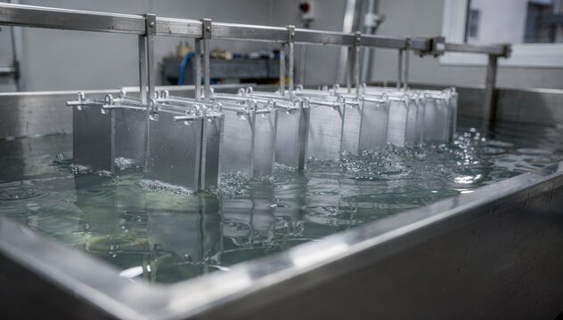 Medium shot capturing anodizing process with aluminum pieces undergoing electrochemical oxidation for enhanced corrosion protection.