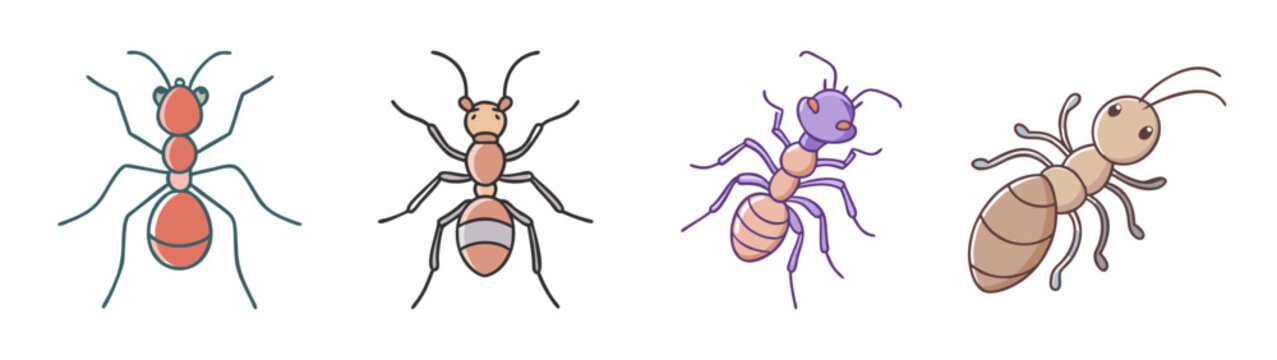 Colorful illustrations of ants in different poses and colors