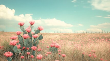 Prickly Pear Cactus Blooming in a Desert Landscape.