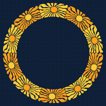Summer boho circle frame with wavy sun shapes for label, graphic design for packaging, brochures and backgrounds
