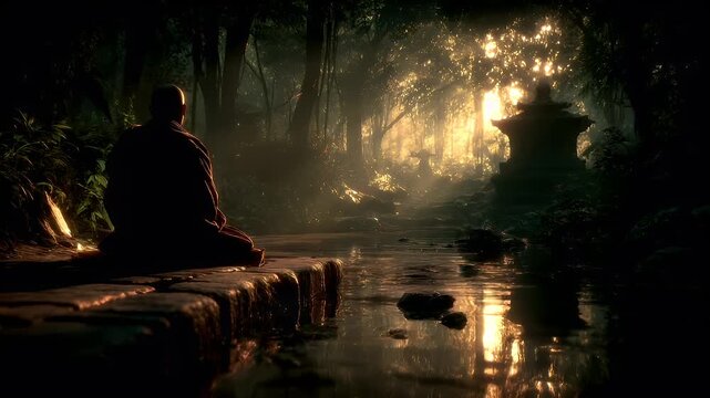 Zen Buddhism, meditation, inner peace, Chinese Japanese Asian tradition. Therapy stress release treatment, health lifestyle. A vivid portrayal of a serene, mystical forest scene. A solitary figure.