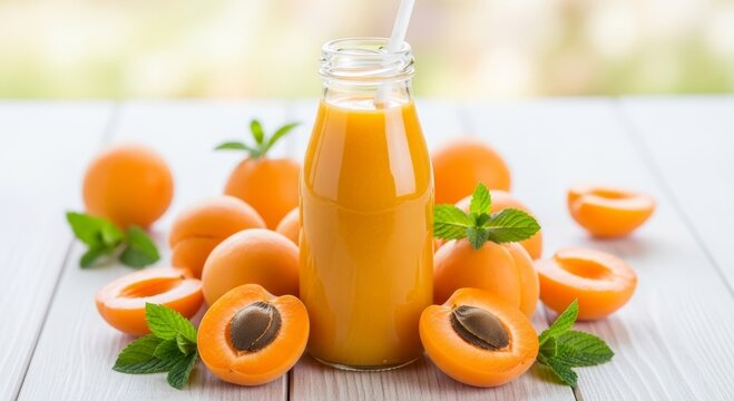 Apricot juice in a glass bottle with fresh fruit on a wooden table. Refreshing summer beverage, healthy organic drink for nutrition, diet, detox and wellness concept. Background shot.