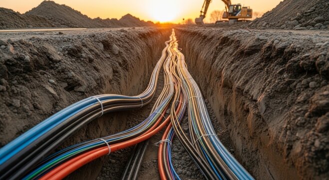 Colorful electrical and fiber optic cables installed in open trench for underground utility network. Excavator site construction project. Telecommunication infrastructure connection concept.