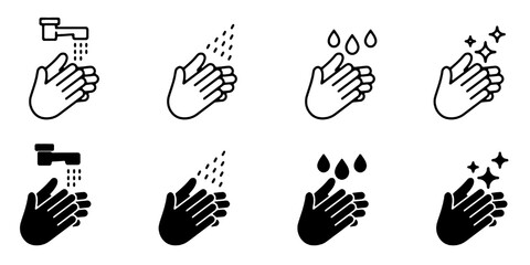 Hand washing icons set. Hand washing black line and vector icon, functions for health and hygiene. Vector illustration. © IconSade