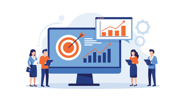 Four business people stand around a large computer monitor displaying a target and a bar graph on an abstract background.