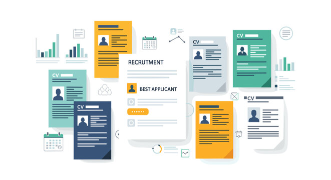 Multiple colorful CVs and resumes are scattered around a central recruitment document highlighting the best applicant on a white background.