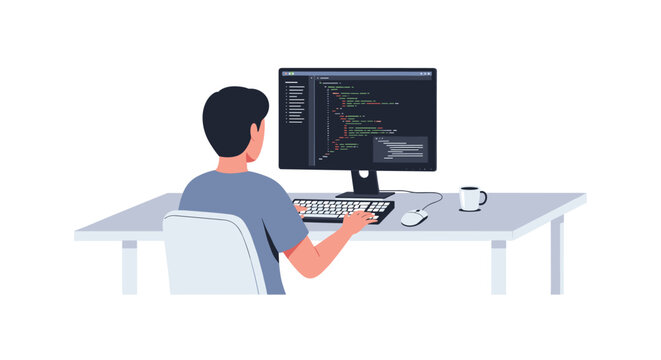 A person sits at a desk typing on a keyboard in front of a computer monitor displaying code on a white background.
