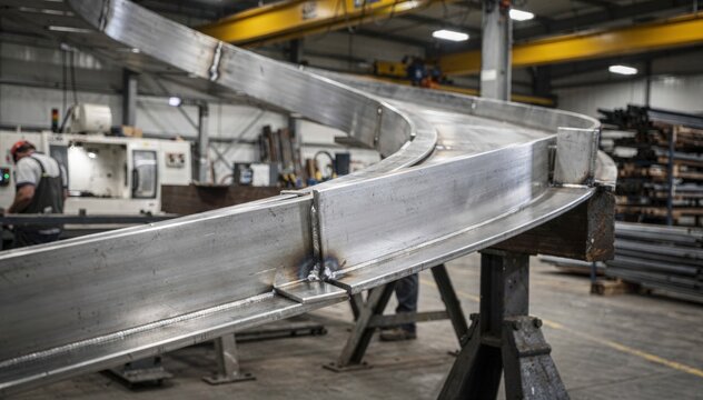 Medium shot capturing the assembly of a closedriser helical metal staircase stringer showcasing curved metal sections and expert joins in a modern fabrication facility.