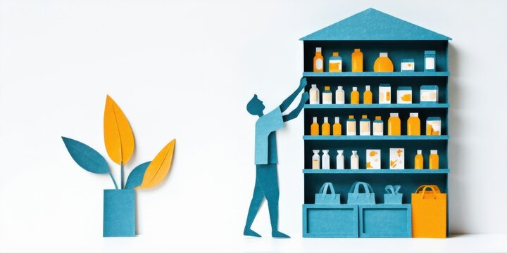 Papercraft illustration depicts person near shelves stocked with products. Plant visible beside figure. Minimalist style, bright colors present.