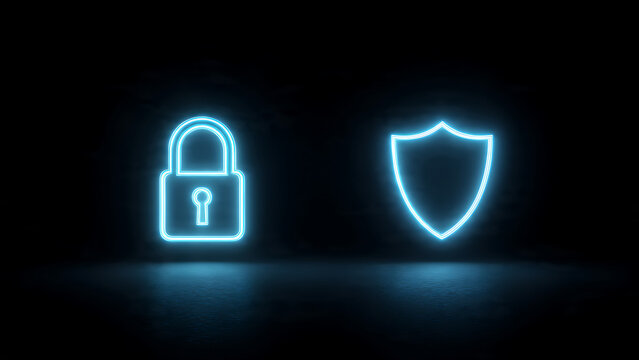 Neon padlock and shield icons on a dark background, representing security and protection in a digital or technological context