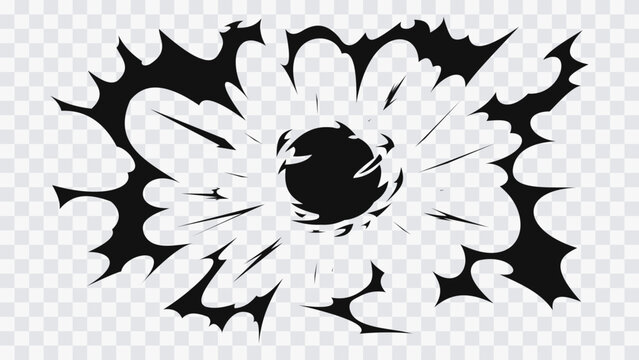 Abstract radial explosion with central core and expanding energy burst. Dynamic impact effect with sharp fragments for games, comics, and action design.