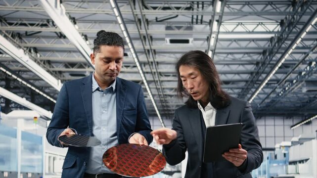 Management executives analyzing processed silicon wafer in automated manufacturing plant. Asian man holding tablet and coworker inspecting microelectronic gear, doing quality control, camera A