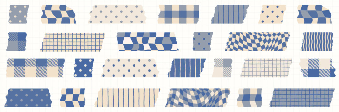 Blue and beige vector washi tape with dots, stripes and plaid patterns, torn pieces masking tape designs for summer scrapbook projects and journaling