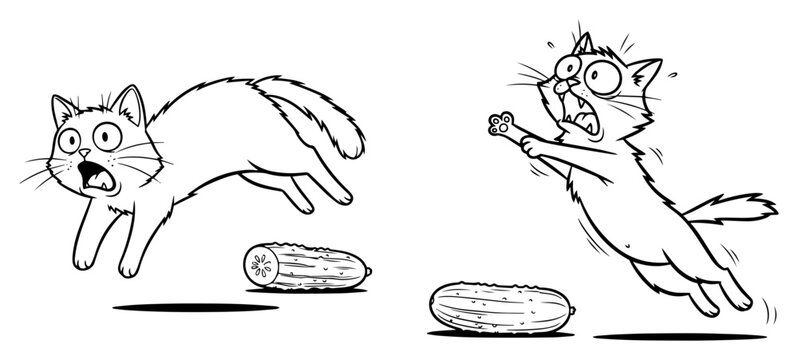 Scared Cats Jumping from Cucumbers Funny Internet Meme Concept Hand Drawn Sketch Illustration