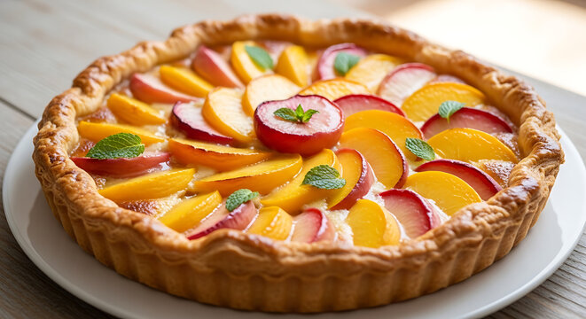 Delicious Peach and Plum Tart with Fresh Mint Garnish on a Wooden Table