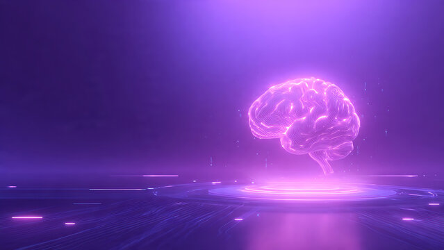 Holographic Brain Visualization, AI Data Processing, Futuristic Digital Interface, Minimal Sci-Fi Environment, Front View