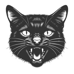 Fototapeta premium angry black cat face with bared fangs, sharp whiskers, and an intense fierce expression sketch engraving generative ai vector illustration. Scratch board imitation. Black and white image.
