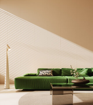 Modern interior design of living room with vibrant green sofa and empty white wall background. 3D Rendering, 3D Illustration