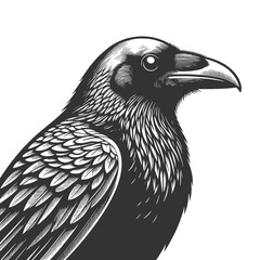 Fototapeta premium raven in close-up profile, featuring detailed feathers and beak, ideal for gothic, wildlife, and tattoo themes sketch engraving generative ai vector illustration. Scratch board. Black and white image.