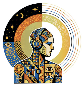 Futuristic Abstract Human Portrait With Headphones, Cosmic Sun and Moon Geometric Gold Blue Design