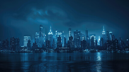 Fototapeta premium modern city skyline in blackout during global energy shortage crisis, only few buildings with dim lights.