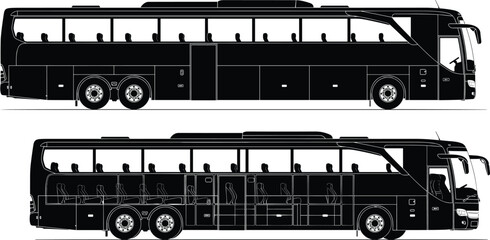 Detailed black silhouette set of modern passenger tour bus and luxury coach vehicle from side view isolated on white background for transportation design. © MdHasmot