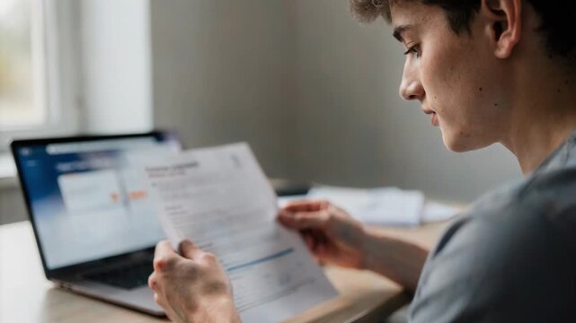 A student reviewing financial aid documents before uploading them to an online lending profile with dashboard interface softly blurred behind.