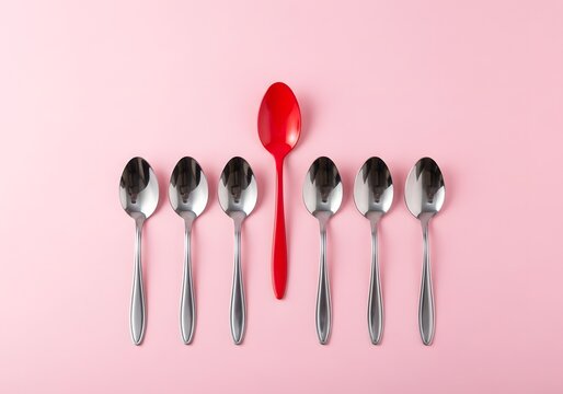 The vibrant red spoon among common metallic utensils represents uniqueness, standing out, and thinking differently, symbolizing individuality and a distinctive perspective on a pastel surface