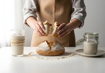 A woman wearing an apron tears freshly baked sourdough bread on a surface, showcasing the texture, with a glass of oat milk and a jar of flour to complete the scene, suggesting a homemade meal