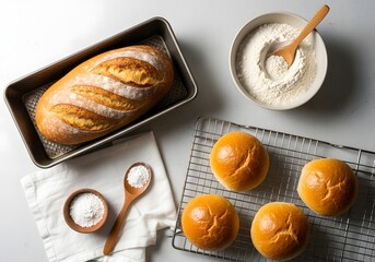 A golden-brown loaf rests inside a metal baking pan, accompanied by freshly baked buns cooling on a wire rack, with flour and salt nearby, presenting a delightful array of homemade bakery items