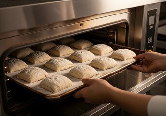 A baker slides a baking sheet filled with uncooked dough into the oven, prepared for the heat to transform them into delightful breads, promising a freshly baked aroma and golden crusts to savor