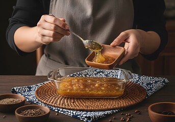 The cook carefully pours flavorful homemade jam into a glass dish using a spoon, creating a delicious culinary experience at a wooden kitchen table with natural light for sharing, inviting