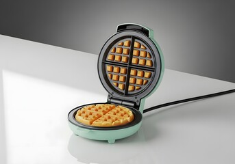 A tempting waffle cooking in a compact, round, mint-colored appliance, ready for a delightful brunch or breakfast, promising a sweet and satisfying start to the day with homemade goodness