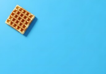 A golden waffle on a cerulean surface evokes breakfast time and its sugary sweetness, bringing to mind pleasant mornings and the anticipation of a satisfying, crispy, and delicious treat at home