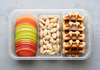 A balanced meal of sliced apples, almonds, and golden waffles is attractively presented in a divided container, making a nutritious and appealing option for a quick meal or convenient snack