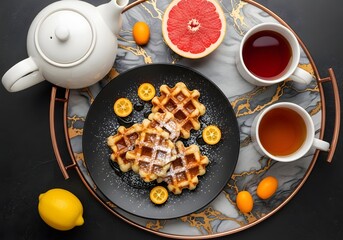 Served on a sophisticated tray, a delightful ensemble of waffles, citrus fruit, and aromatic tea offers a captivating, flavorful experience, perfect for savoring a leisurely brunch or refined