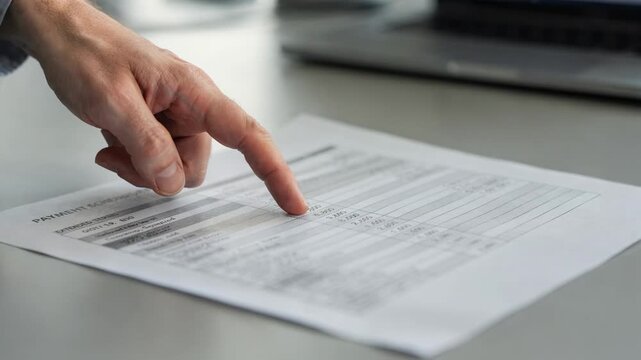 Close medium shot of hand pointing at new payment schedule for extended tenor paper in crisp focus the environment subtly out of focus to emphasize key details.