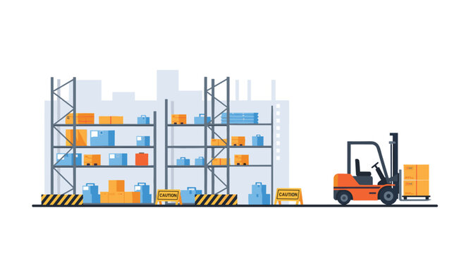 An orange forklift transports stacked boxes on a pallet in a busy warehouse with multiple shelves.