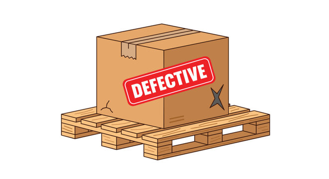 A defective brown cardboard box with a red stamp rests on a wooden pallet.