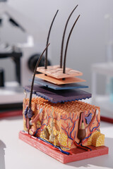Anatomical hair and scalp model layers showing follicles and skin structure for dermatology