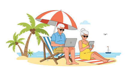 Fototapeta premium An elderly couple works on a laptop and tablet on a sunny beach under a striped umbrella.