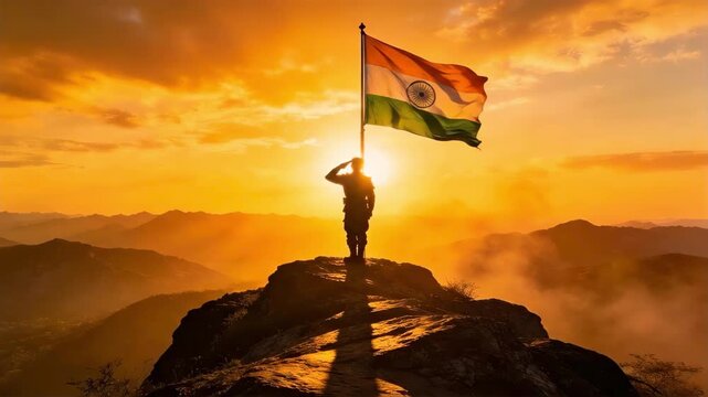 Soldier silhouette saluting india's national flag on a mountain peak at sunrise, suitable for patriotism, national celebration, remembrance day, independence, and freedom concepts.