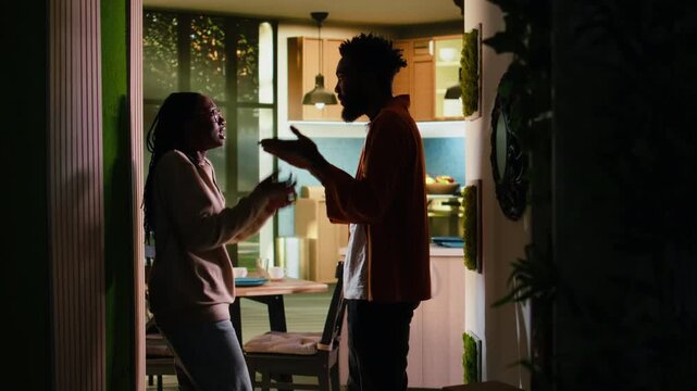Black couple, heated argument, violent fight with yelling, boyfriend and girlfriend, arguing due to disagreement and everyday life drama. People in angry dispute, toxic relationship.