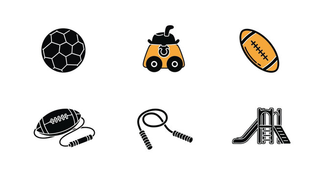 Collection of black sport and playground equipment icons on white
