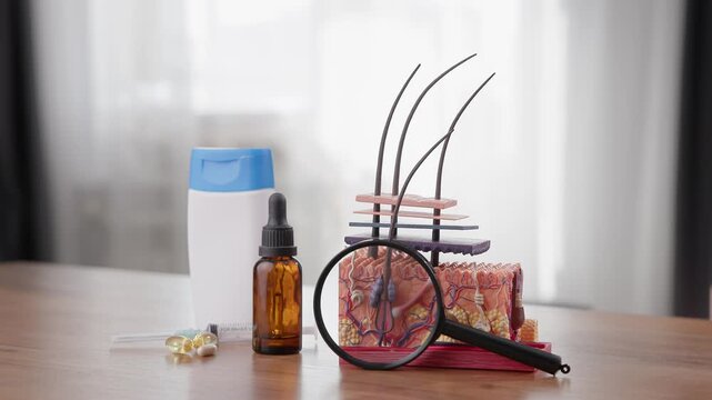 Scalp model and hair follicle anatomy with serum dropper and shampoo bottle on wooden table on white background.