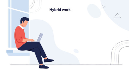 Obraz premium Hybrid work concept: Man working on laptop at home near window, modern flat illustration
