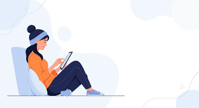 Young woman using tablet computer while relaxing on floor, modern flat illustration