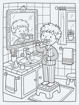 Ni&ntilde;o lav&aacute;ndose los dientes antes de dormir - ilustracion vectorial.